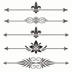 Array of stylish ornate page dividers and decorative accents for projects, elaborate floral clusters and swirling borders, symmetrical flourishes for chapter breaks, clean white background placement. © felesa11