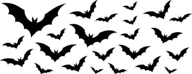 Fototapeta premium Halloween flying bats silhouette vector icons set. Spooky bat swarm collection for horror background, party decoration, and creepy design elements isolated on white background.