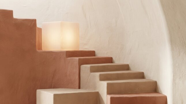 Automation, Trend Analysis, and Forecast Models for Smart Business, Textured terracotta stairs with a glowing block lamp against a minimalist beige wall. Earthy, warm interior design.