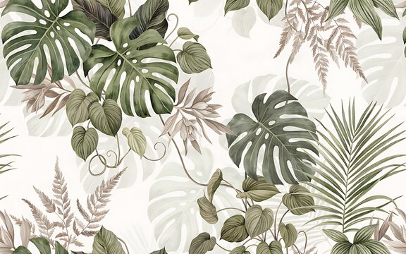 Tropical botanical seamless pattern with monstera leaves and ferns isolated on white background