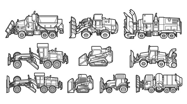 Snow Removal Vehicle Collection Vector Set &ndash; Snowplow, Snow Blower, Snow Groomer, Winter Maintenance Trucks Top View Line Art Isolated on White