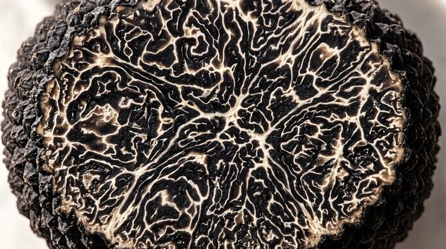 Macro black P&eacute;rigord truffle cut face showing complex pale cream vein marble pattern on dark grey-black matrix with warty exterior border, sensory food texture luxury truffle interior macro gourmet