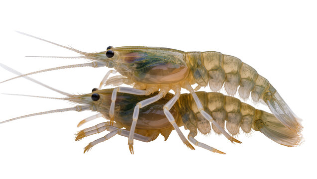 Isolated detailed macro close up of two transparent freshwater shrimp or prawns resting together