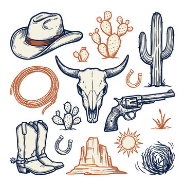 Collection of Wild West themed hand-drawn doodle icons