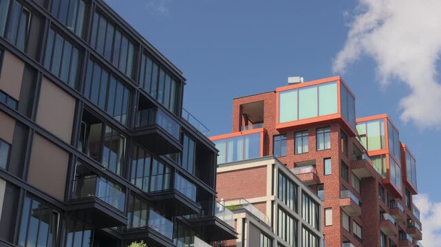New Dutch contemporary apartment buildings situated in the NDSM urban area in Amsterdam North, The Netherlands