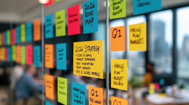 Strategy planning 2026 with sticky notes on a glass office wall for business management