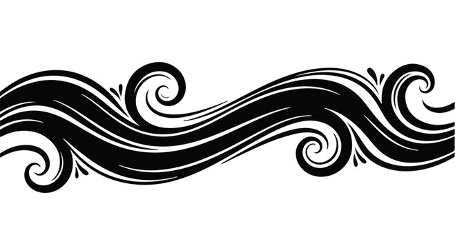 Waves depicted in a flowing black ink style illustrate the dynamic power of ocean currents and fluid motion designed as a decorative graphic border element for modern artistic print layouts.