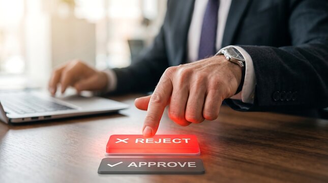 Business decision making hand pressing reject button with laptop in modern office setting