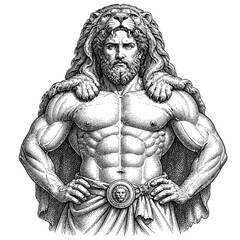 Fototapeta premium Muscular Hercules wearing the Nemean Lion skin in a classic engraving style.