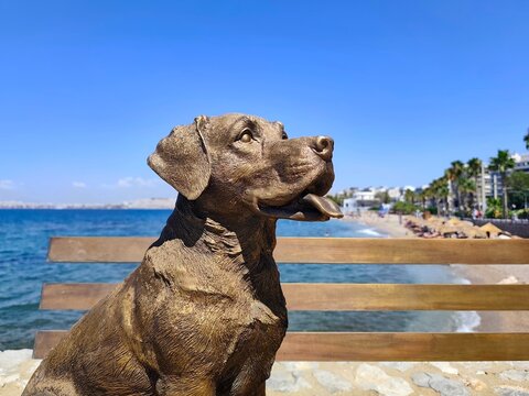 Photo of the sculpture that forms part of the thematic bench "Unconditional Companionship" on the coastline of Palaio Faliro in Attica, Greece.