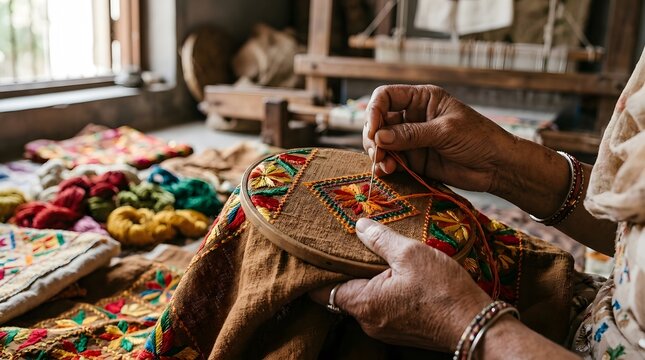 Close-up of hands stitching colorful phulkari embroidery. Traditional Indian textile artisan at work.