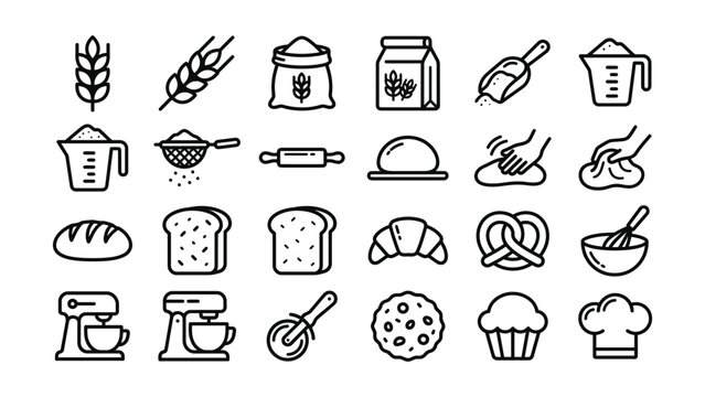 Black line icons for baking ingredients and tools