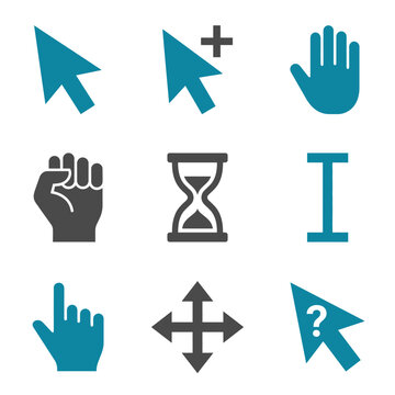 Set of nine blue and gray computer cursor icons on a white background