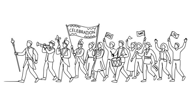 People marching in a celebration parade with flags and banners, drawn in a simple line art style.