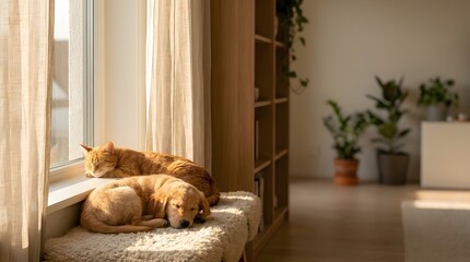 Plakat Golden retriever puppy and ginger cat sleeping together on cozy bench by window. Warm home interior, perfect for lifestyle and pet care advertising. 