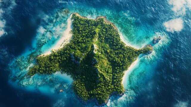 Beautiful aerial island landscape with turquoise water reef lagoon and ocean waves showing tropical paradise nature travel destination summer escape coastline tourism exotic adventure background view