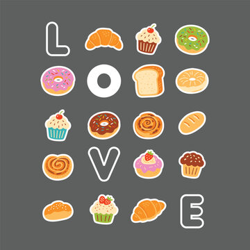 Cartoon Pastry and Bakery Treats for Menu, Stickers and Food Design 
