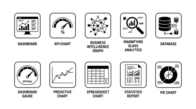 Business analytics icons set dashboard KPI chart intelligence graph database gauge predictive spreadsheet statistics pie chart