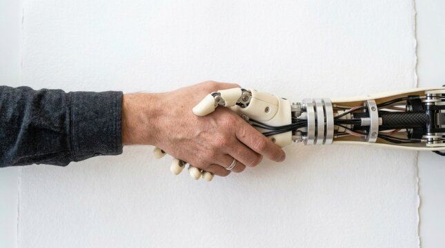 Top view of casual handshake between human and advanced bionic robotic arm