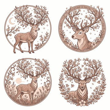 Elegant stag surrounded by blooming cherry blossom branches in artistic circular designs