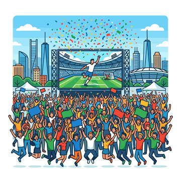 Excited crowd watching soccer match on big screen.