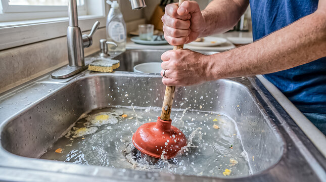 A person forcefully uses a red rubber plunger to clear a heavy water clog in a stainless steel kitchen sink full of bubbles.
