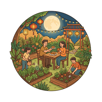 Family gardening together under a full moon at night.
