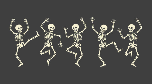 Five skeletons dancing on black background