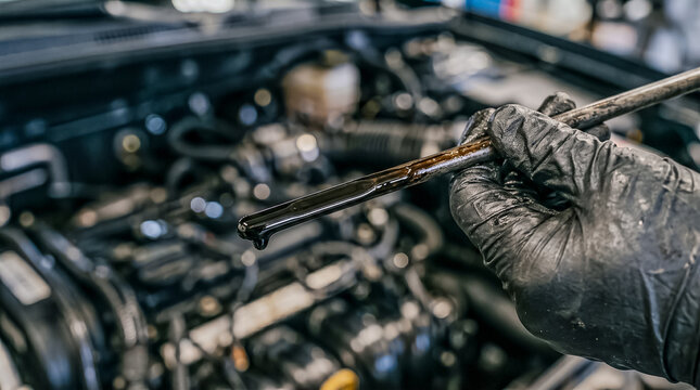A mechanic in black protective gloves pulls out a car engine oil dipstick to check the level and quality of oil.