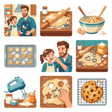 Family baking cookies together in colorful kitchen scenes.