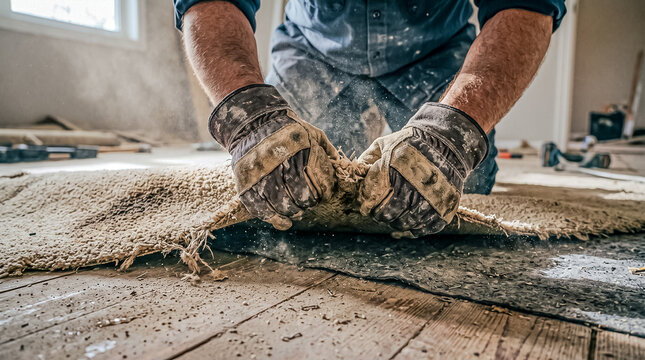 A construction worker in heavy-duty gloves forcibly tears off old dusty carpet and underlayment during a room renovation.