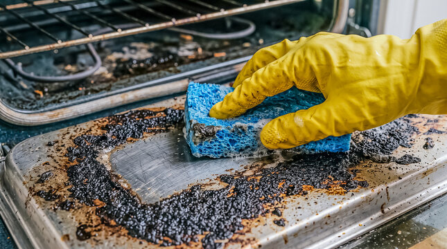 A hand in a yellow rubber glove scrubs a dirty oven door with a blue sponge, removing baked-on grease and carbon stains.