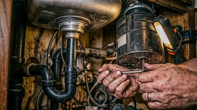 A professional plumber's hands working with tools to service and repair the pipes and garbage disposal system under a sink.