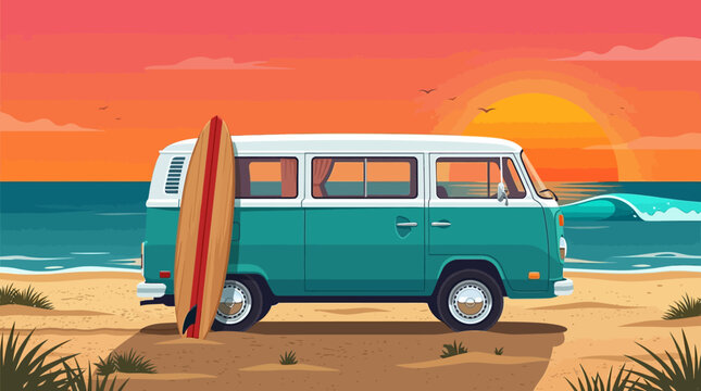 Vintage teal Volkswagen van with surfboard on beach at sunset