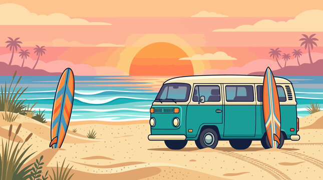 vintage teal vw bus parked on beach with surfboards at sunset