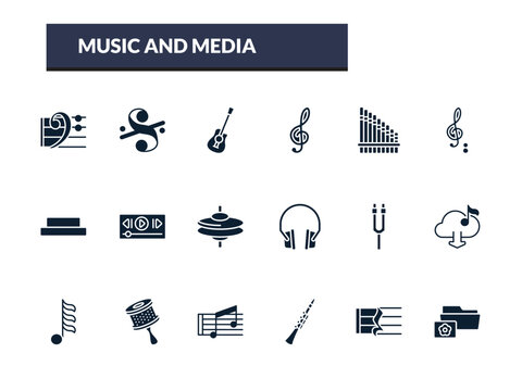 filled music and media icons set - acoustic, treble clef, panpipe, octave. editable vector for web and mobile ui