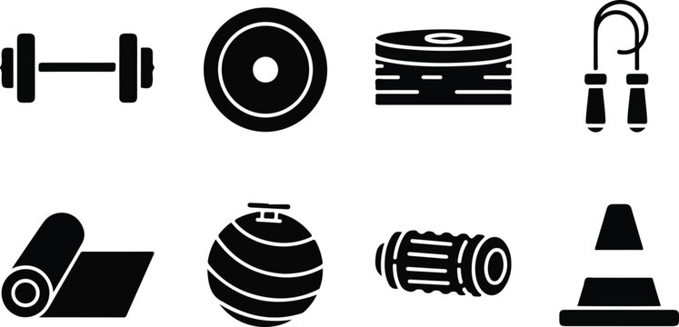 Gym equipment icon set, black fitness workout symbols, 8 vector elements for sports training, barbell and yoga mat graphics for health club branding