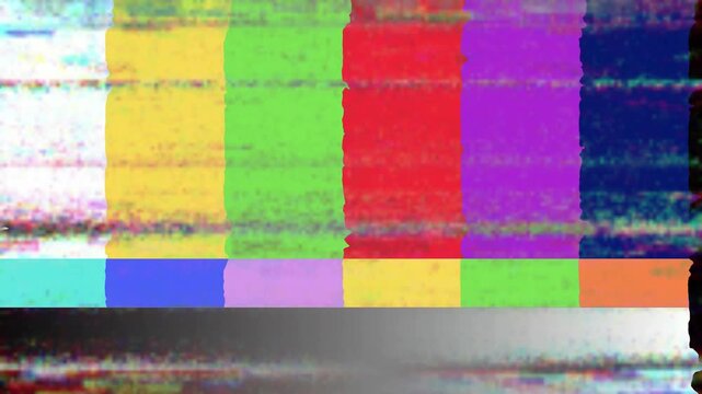 Distorted retro television test pattern with vibrant color bars and flickering static, symbolizing signal interruption, broadcast errors, and the nostalgic aesthetic of vintage screen technology