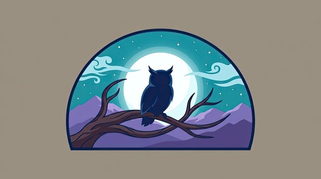 Owl silhouette on branch with night moon background.