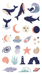 Obraz premium Whales, celestial bodies, and marine life illustrations in a whimsical, colored-pencil texture style.