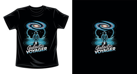 Fototapeta premium Astronaut standing in cosmic water under spiral galaxy graphic t-shirt design.