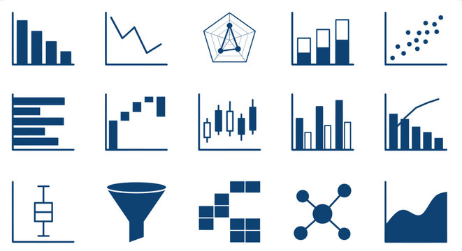 Collection of diverse data visualization icons including bar charts line graphs scatter plots and funnel graphs on white background