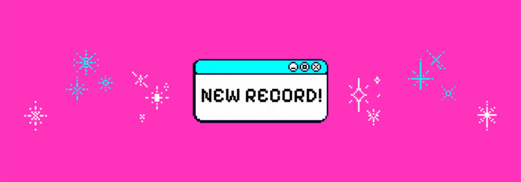 Pink pixel game background with text "new record" and 8bit sparkle, sticker. Game banner in 90s art vibe.