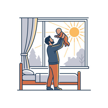 Father holding baby near window with sunlight.