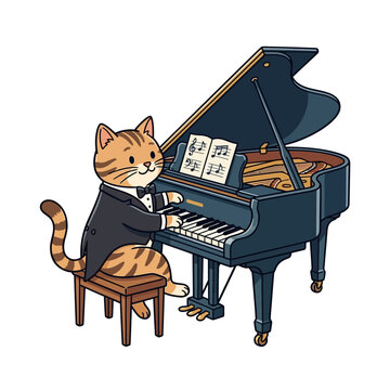 Feline musician performing on grand piano in formal attire