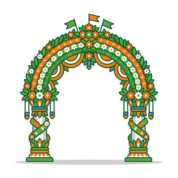 Festive archway decorated with flowers and flags