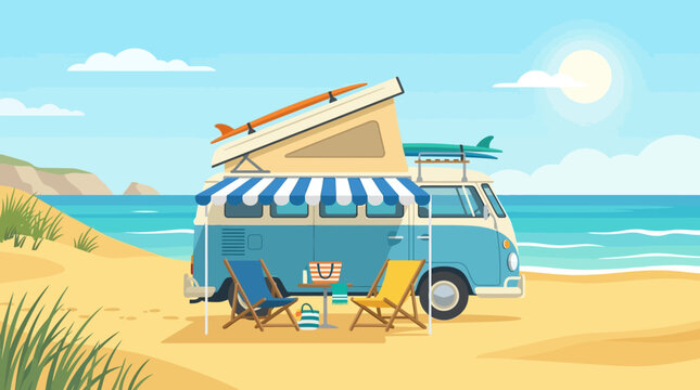 illustration of blue vw van with surfboard on beach by ocean with deck chairs