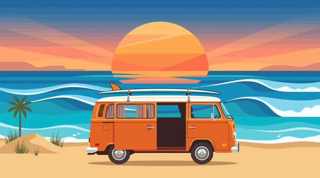 An orange vintage camper van, with a surfboard, is parked on a sandy beach, enjoying a beautiful sunset over the ocean, evoking summer freedom and adventure.