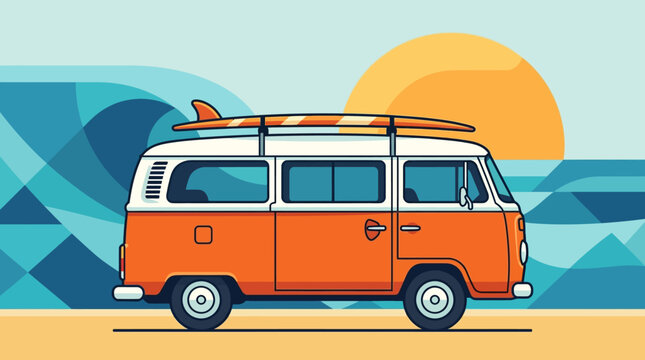 Vintage orange Volkswagen van with surfboard on roof rack