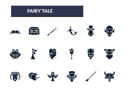 filled fairy tale icons set - magic wand, merman, leprechaun, vampire. editable vector for web and mobile ui